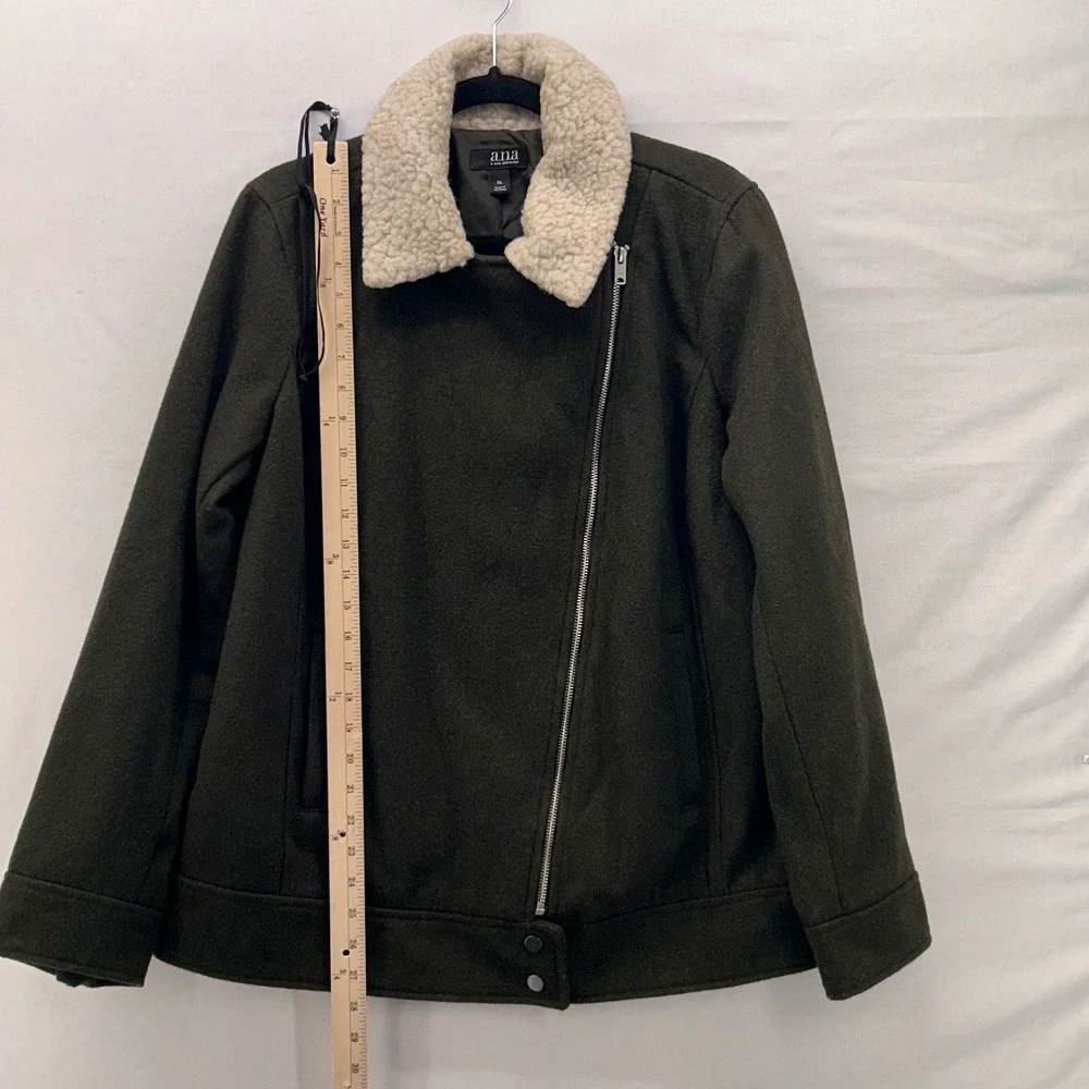 A New Approach Women Moto‎ Jacket Size XL Earthy Green Sherpa Assymetrical Zip